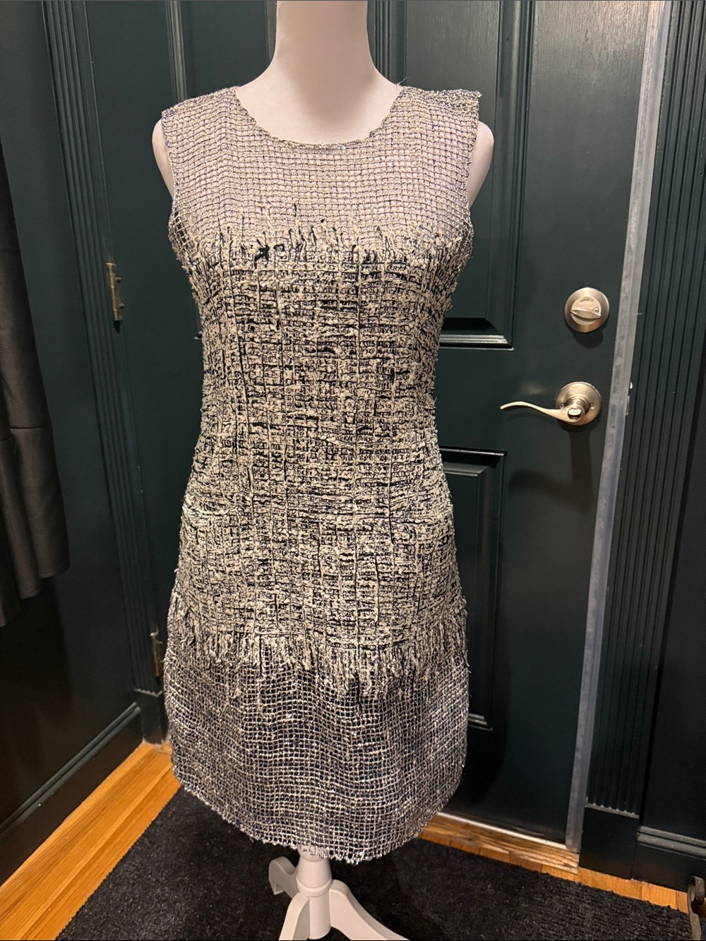 Sleeveless Black and White Textured Tweed Shift Dress